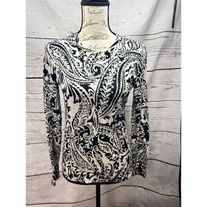 Lauren Ralph Lauren Black White‎ Paisley Print Crew Neck Top Womens XS